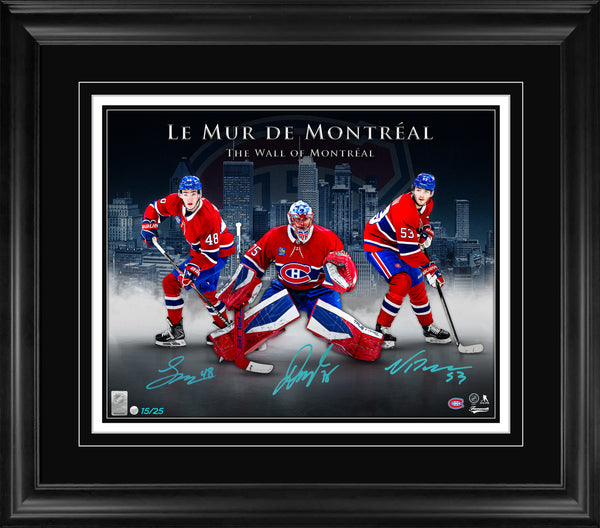 Lane Hutson, Noah Dobson, Jakub Dobes Triple Signed 16x20 Print Framed Montreal Canadiens "THE WALL OF MONTREAL" (Limited Edition of 25)