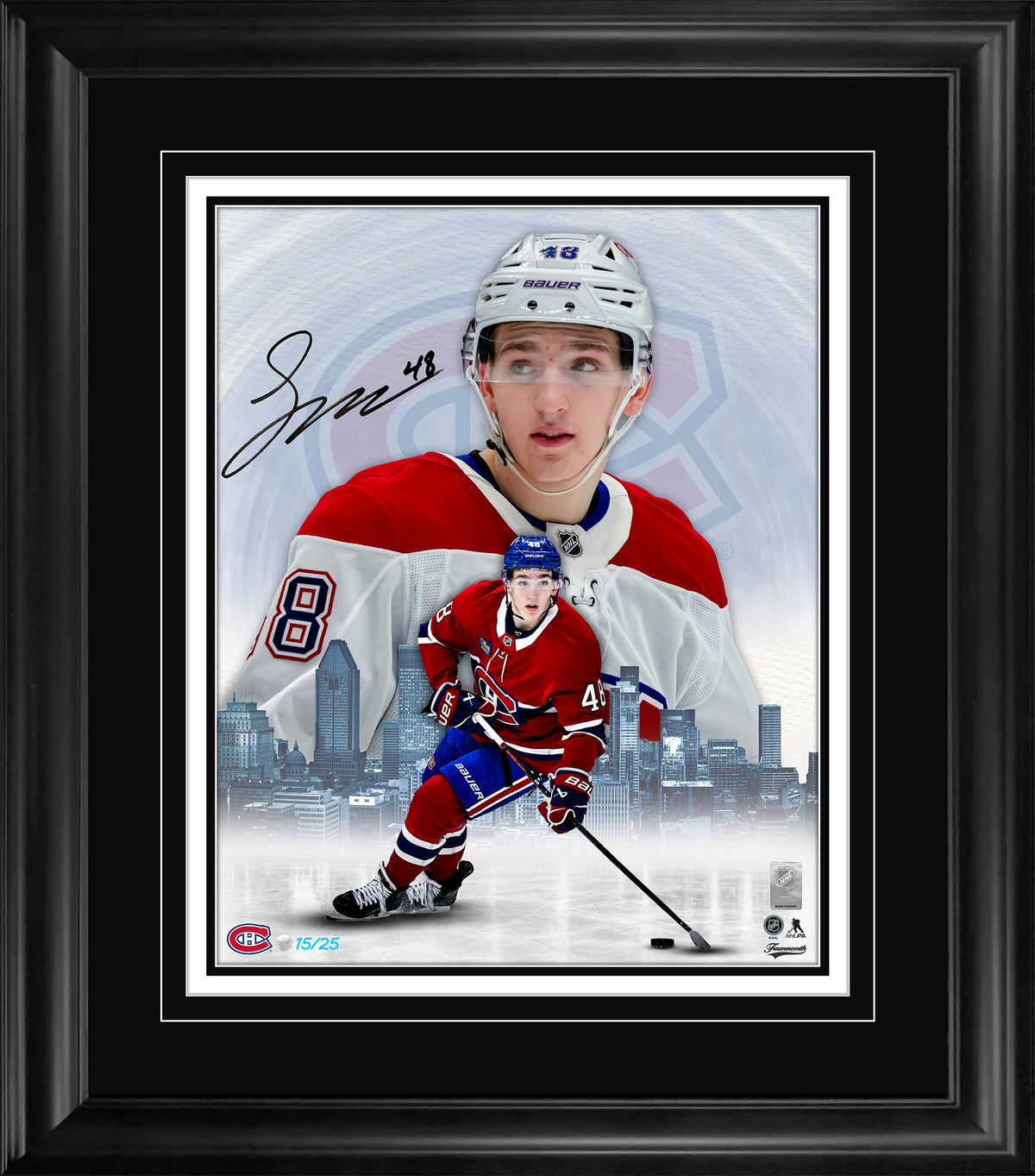 Lane Hutson Signed 16x20 Print Framed Montreal Canadiens B/W Skyline Collage (Limited Edition of 25) - AUCTION