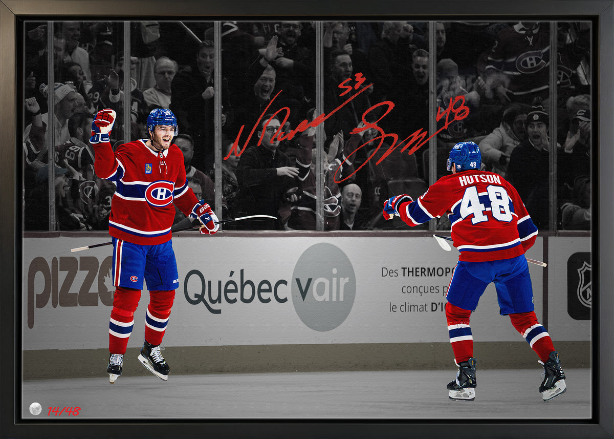 Lane Hutson and Noah Dobson Dual Signed 20x29 Canvas Framed Montreal Canadiens Celebration Spotlight (Limited Edition of 48) - AUCTION