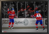 Lane Hutson and Noah Dobson Dual Signed 20x29 Canvas Framed Montreal Canadiens Celebration Spotlight (Limited Edition of 48) - AUCTION