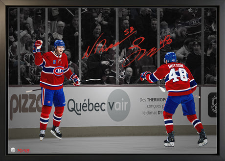 Lane Hutson and Noah Dobson Dual Signed 20x29 Canvas Framed Montreal Canadiens Celebration Spotlight (Limited Edition of 48) - AUCTION