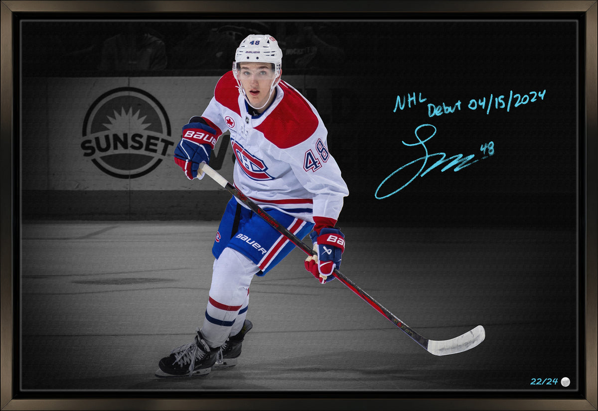 Lane Hutson Signed 24x36 Canvas Framed Montreal Canadiens Inscribed "1st Game 15/04/2024" (Limited Edition of 24) - AUCTION