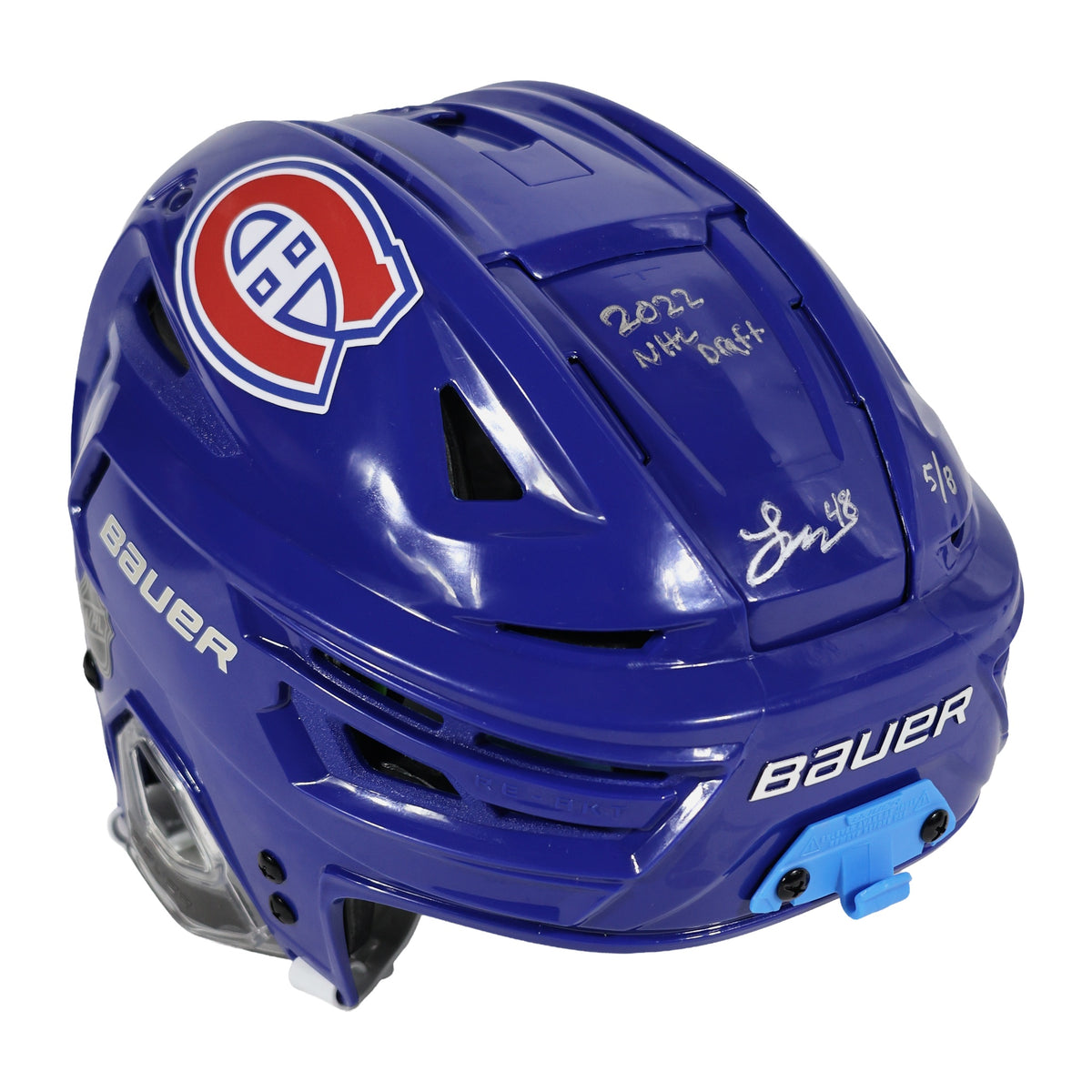 Lane Hutson signed Montreal Canadiens blue Bauer Re-Akt 155 helmet inscribed 2022 NHL Draft, numbered 5 of 8 - front view