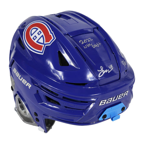 Lane Hutson signed Montreal Canadiens blue Bauer Re-Akt 155 helmet inscribed 2022 NHL Draft, numbered 5 of 8 - front view