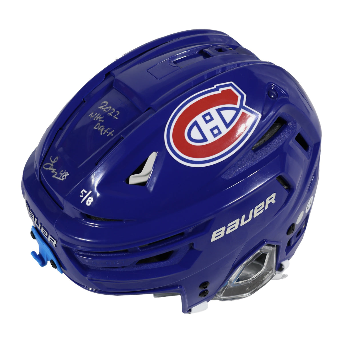 Lane Hutson signed Montreal Canadiens blue Bauer Re-Akt 155 helmet inscribed 2022 NHL Draft - view 3