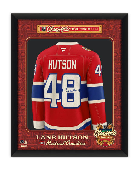 Lane Hutson signed framed 34x42 Montreal Canadiens 2026 Heritage Classic jersey, illustrative mock-up