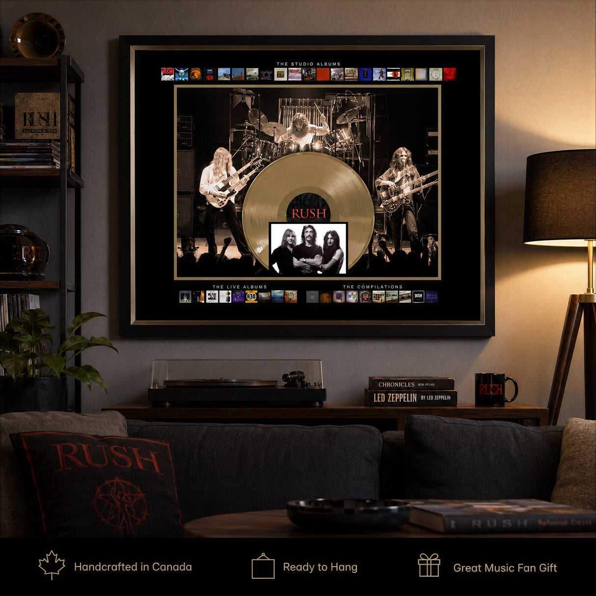 Rush Framed Album Collection Collage displayed in a living room music space