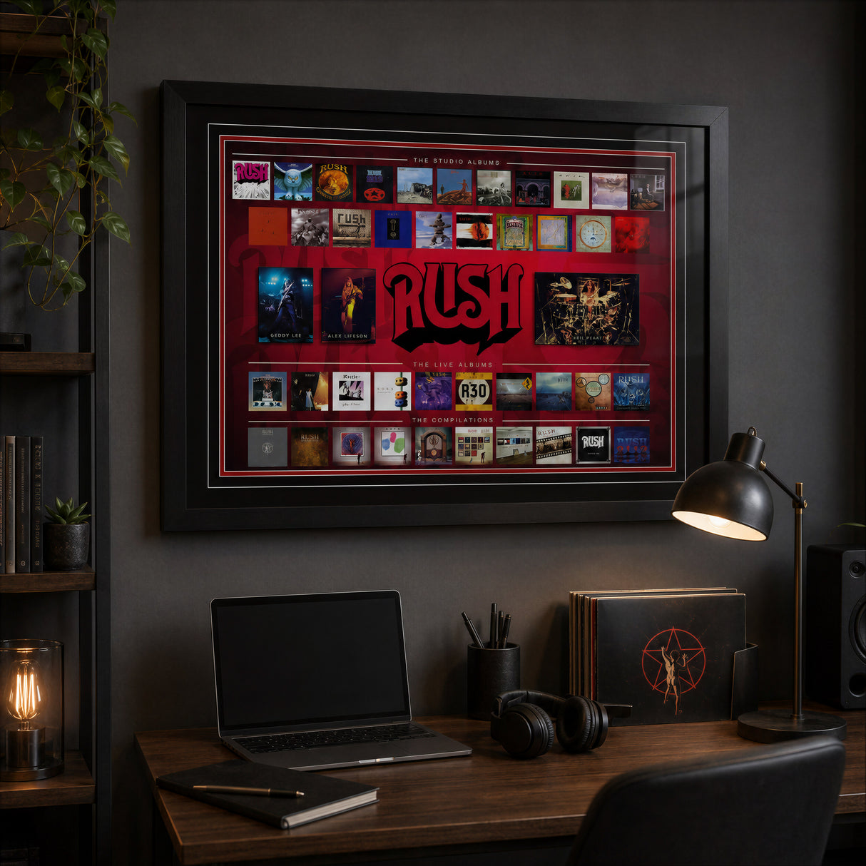 Rush Framed Album Collection Collage displayed in a home office