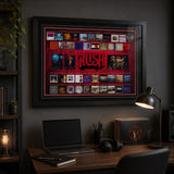 Rush Framed Album Collection Collage displayed in a home office
