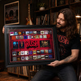 Rush fan holding the framed album collection collage