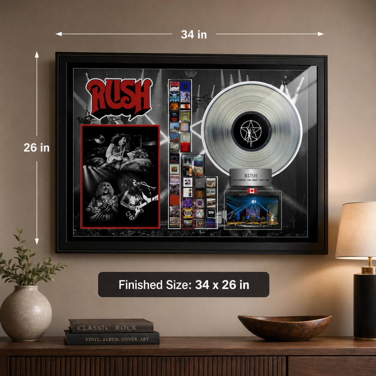 Rush Framed Collage With Platinum LP finished size dimensions image