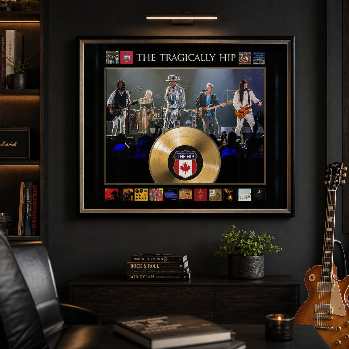 The Tragically Hip Framed Album Collage with Gold LP - Displayed in a dark music room with mood lighting