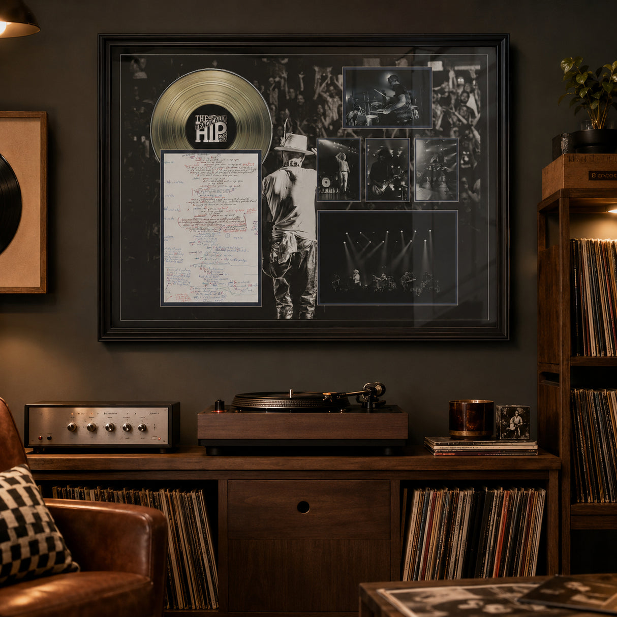 The Tragically Hip Framed On Tour Collage with Lyric Sheet and Silver LP music room lifestyle image