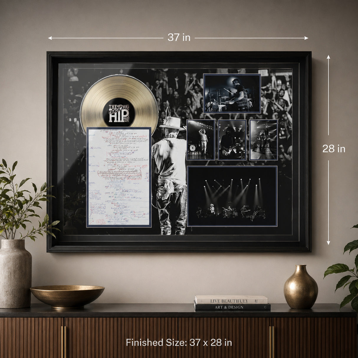 The Tragically Hip Framed On Tour Collage with Lyric Sheet and Silver LP finished size dimensions image