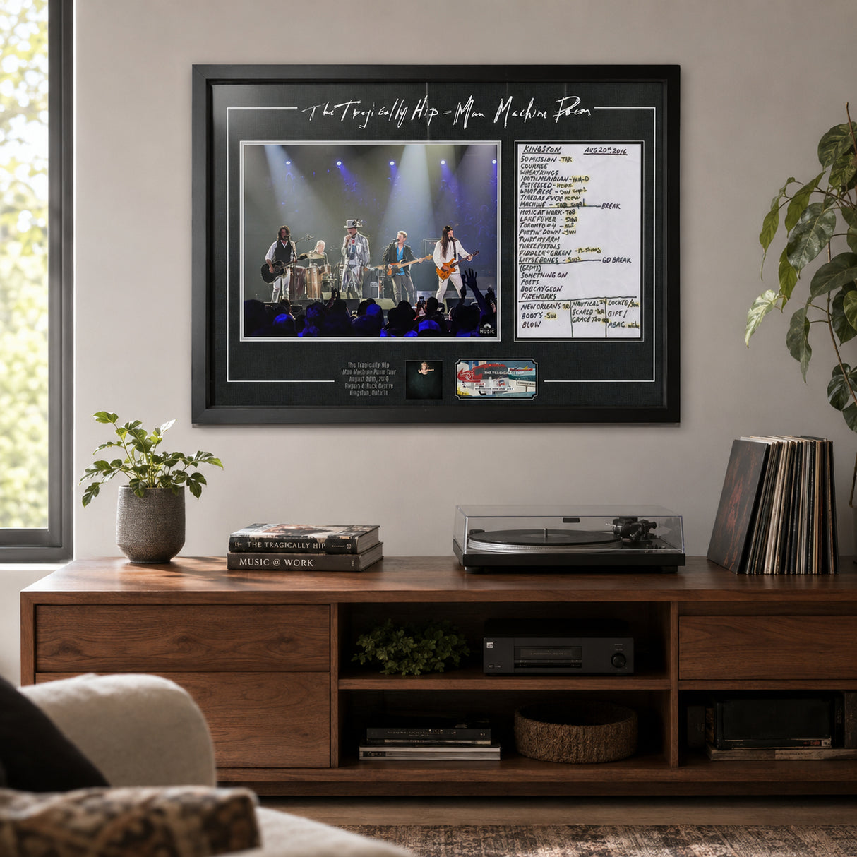 The Tragically Hip Framed Final Show in Kingston - Wall-mounted lifestyle in a clean modern living room