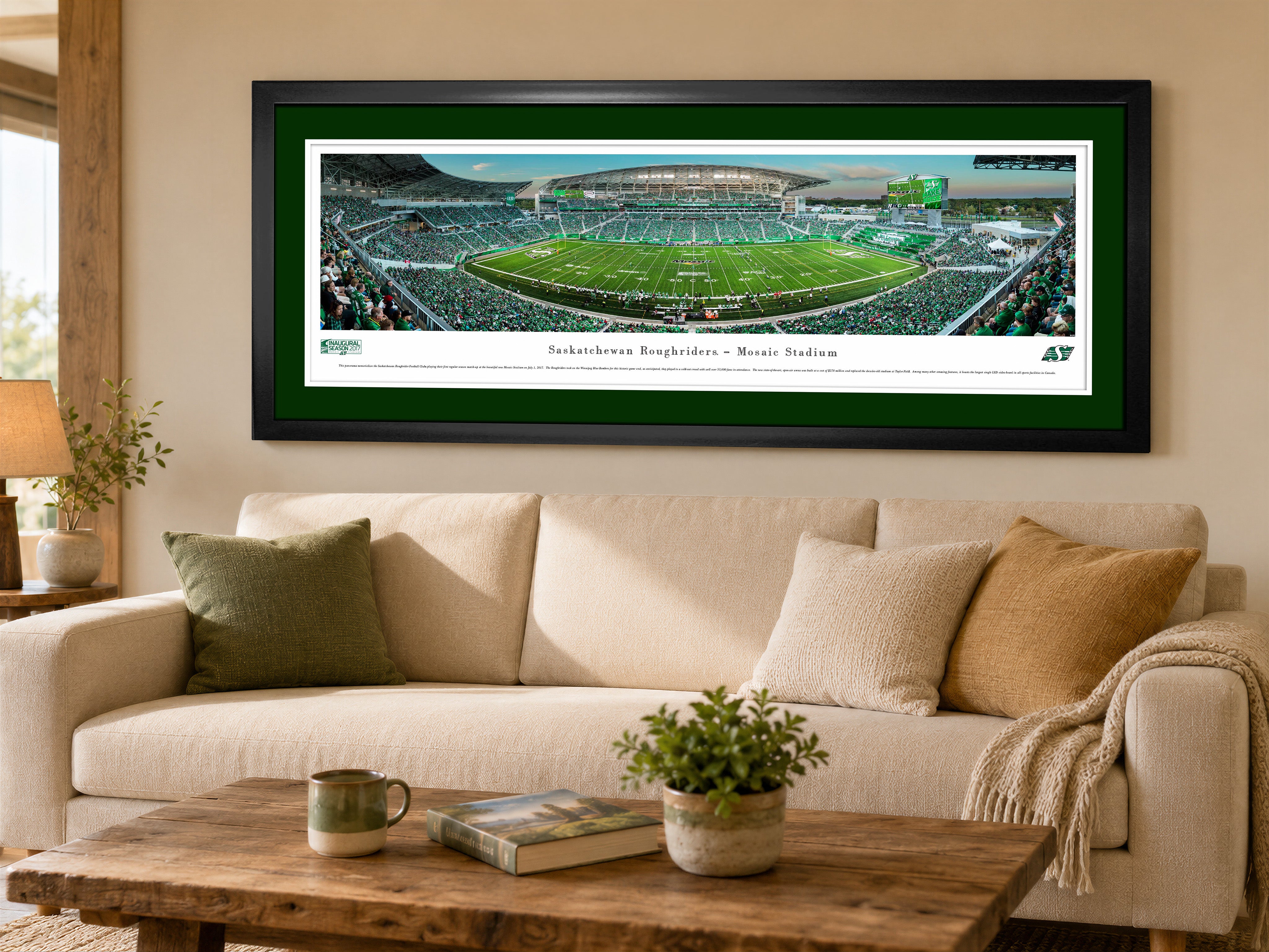 Saskatchewan Roughriders Panorama First Game at Mosaic 2017 Framed