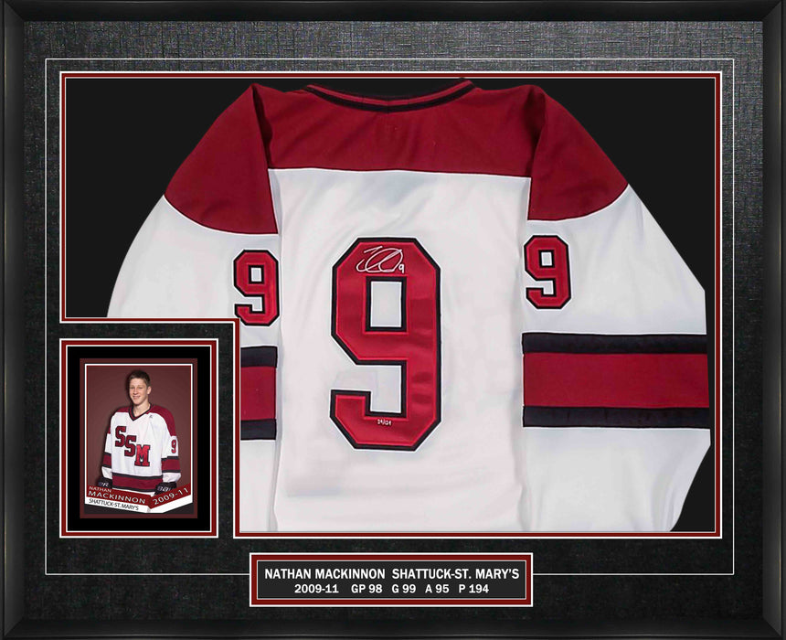 Nathan MacKinnon Signed Framed Shattuck St. Mary's White Jersey