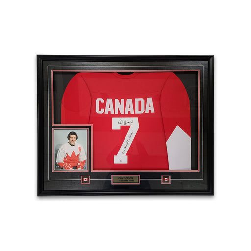 Phil Esposito Signed Framed Team Canada 1972 Red Replica Jersey with "72 Summit Series" Inscribed - Frameworth Sports Canada 