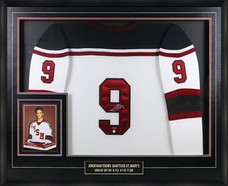 Jonathan Toews Signed Framed Shattuck St. Mary's White Jersey - AUCTION