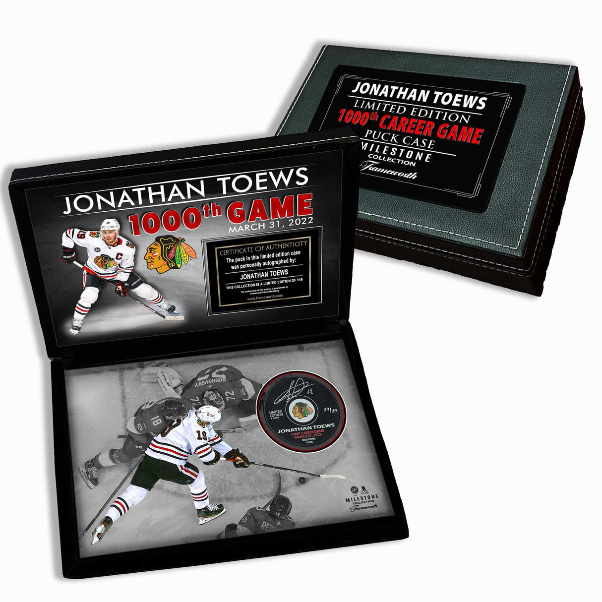 Jonathan Toews Signed Puck 1000th Career Game, March 31, 2022 Chicago Blackhawks in a Deluxe Case (Limited Edition of 119)