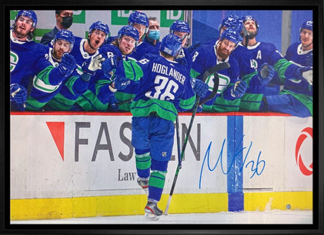 Nils Hoglander Vancouver Canucks Signed Framed 20x29 Goal Bench Celebration Canvas - Frameworth Sports Canada 