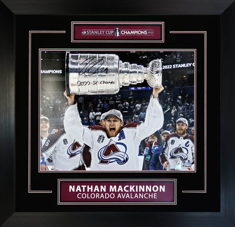 Nathan MacKinnon Signed 16x20 Photo Framed Colorado Avalanche 2022 Stanley Cup Champions Raising Cup with "22 SC Champ" Inscription - AUCTION