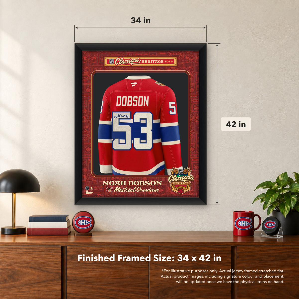 Noah Dobson Signed Framed 34x42 Photo Glass Montreal Canadiens 2026 Heritage Classic Fanatics Premium Jersey (Limited Edition of 53)