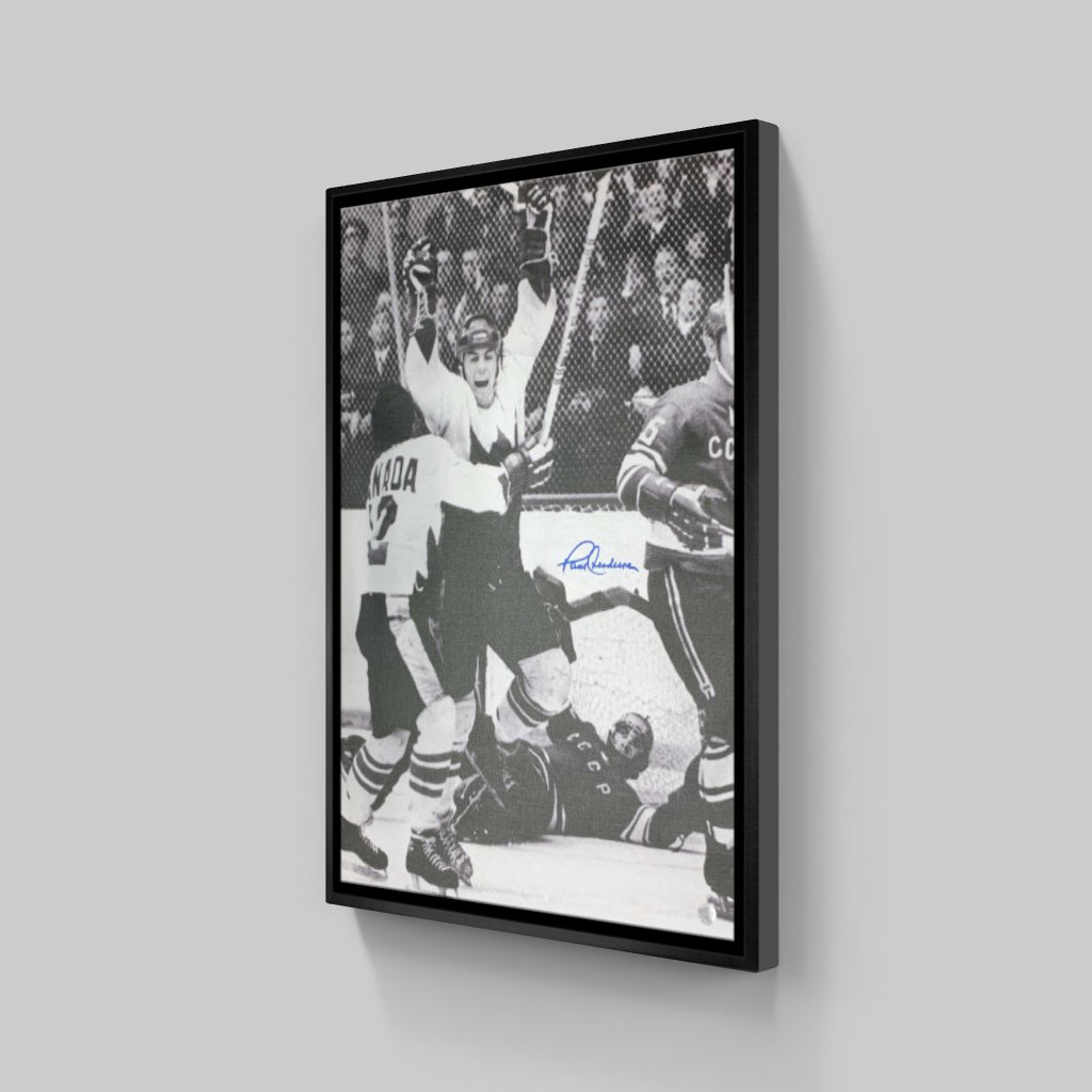 Paul Henderson Team Canada Signed Framed 20x29 Black and White '72 Summit Series Goal Celebration Canvas