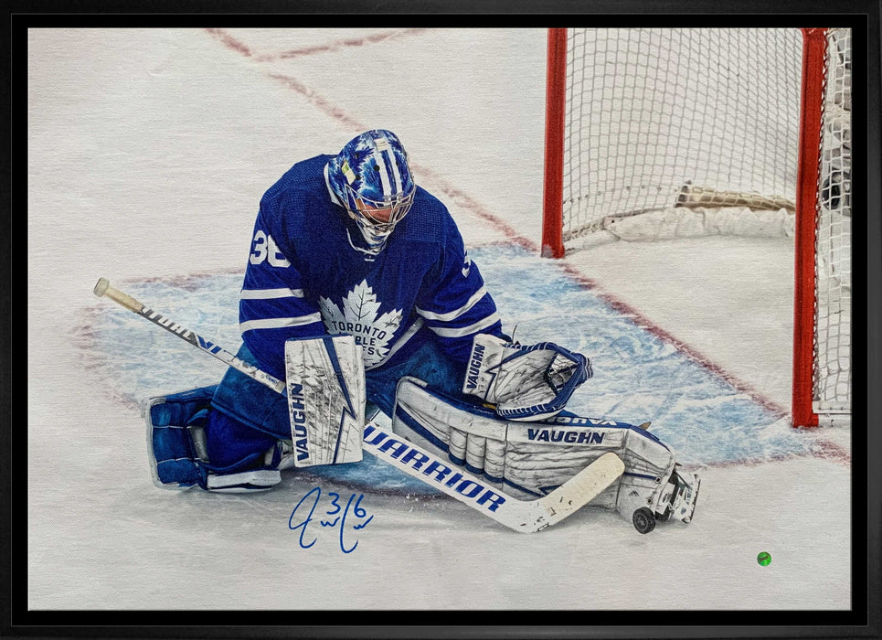 Jack Campbell Toronto Maple Leafs Signed Framed 20x29 Pad Save Canvas - Frameworth Sports Canada 