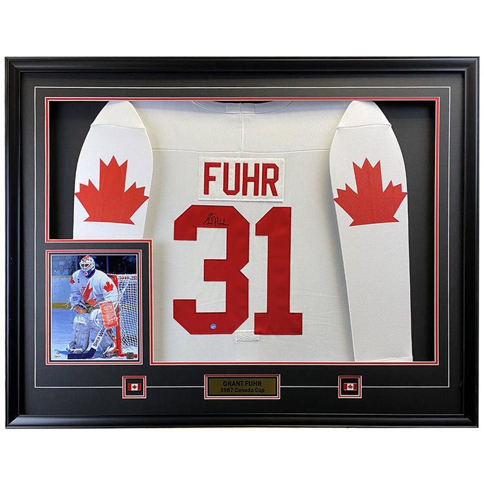 Grant Fuhr Signed Framed Canada Cup 87 Replica White Jersey