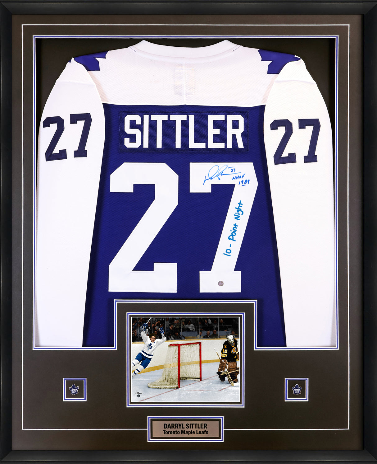 Darryl Sittler Signed Framed Jersey Leafs Replica Blue Vintage Fanatics Insc "HHOF 1989" "10 Point Night""