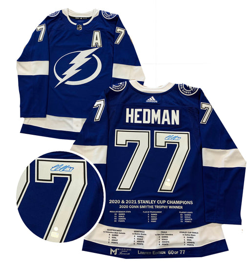 Victor Hedman Signed Tampa Bay Lightning Blue Adidas Authentic 2020 Conn Smythe Milestone Jersey LE 77 - Frameworth Sports Canada 