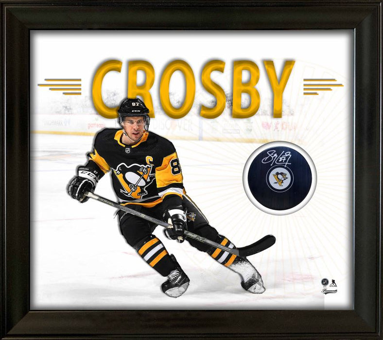 Sidney Crosby Signed White PhotoGlass Framed Pittsburgh Penguins Puck - Frameworth Sports Canada 