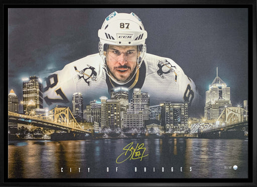Sidney Crosby Signed Framed Pittsburgh Penguins City of Bridges 20x29 Canvas (Limited Edition of 87) - Frameworth Sports Canada 