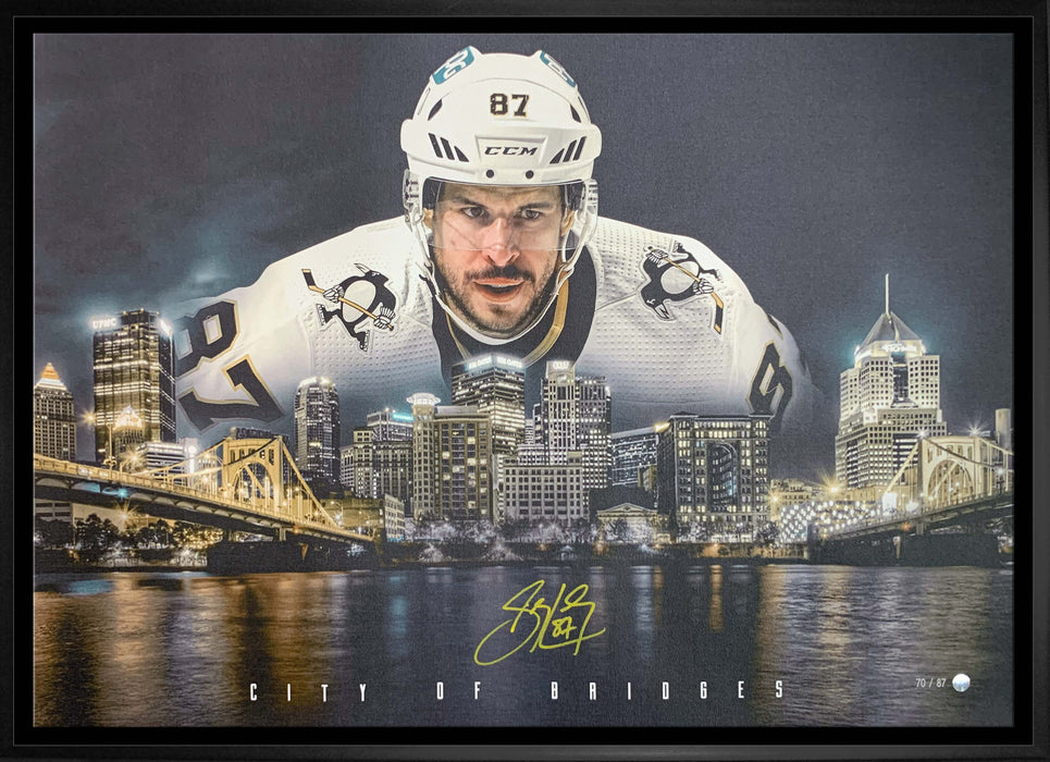Sidney Crosby Signed Framed Pittsburgh Penguins City of Bridges 20x29 Canvas L/E 87 - Frameworth Sports Canada 