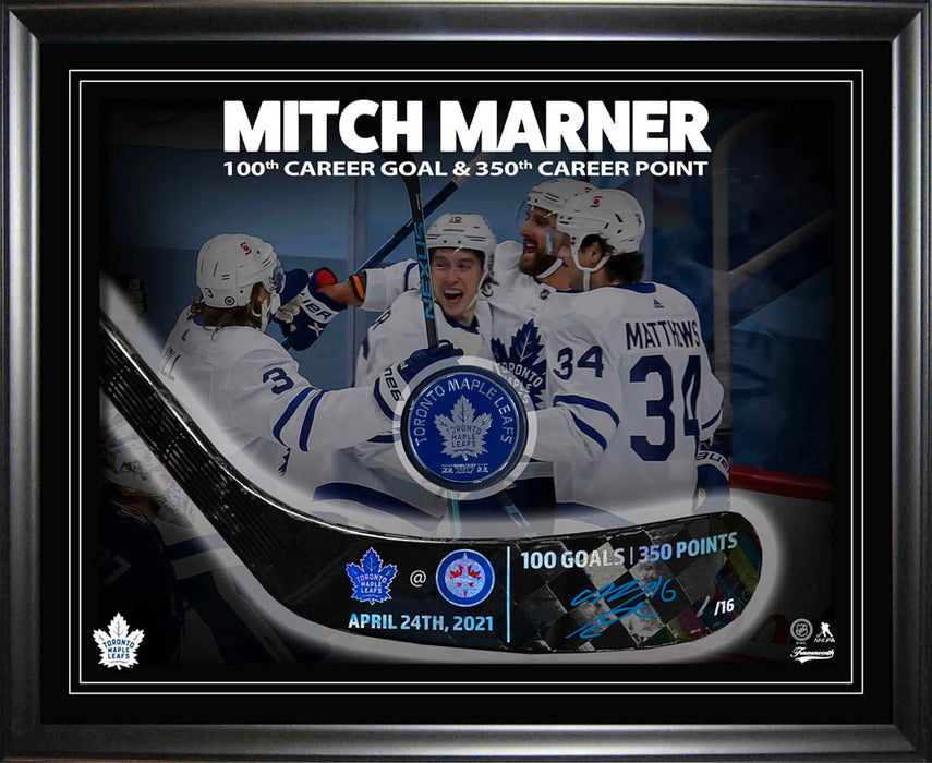 Mitch Marner Toronto Maple Leafs Signed PhotoGlass Framed Stickblade & Puck 100th Goal LE/16