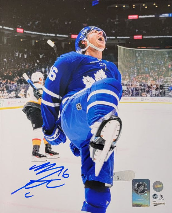 Mitch Marner Toronto Maple Leafs Signed Unframed 8x10 Leg Kick Goal Celebration Vertical Photo