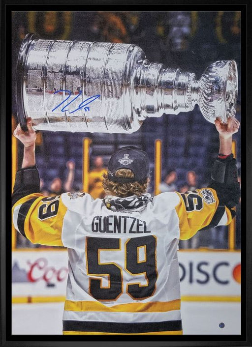 Jake Guentzel Pittsburgh Penguins Signed Framed 20x29 Back View Raising the Stanley Cup Canvas - Frameworth Sports Canada 
