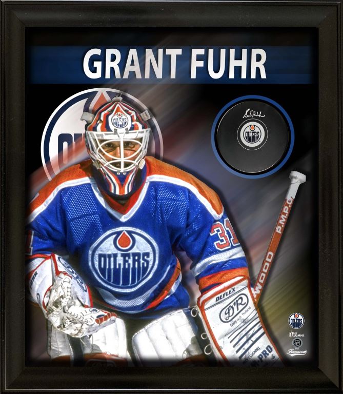 ) Grant Fuhr Signed Edmonton Oilers Puck Display 19x23 Frame in 2023