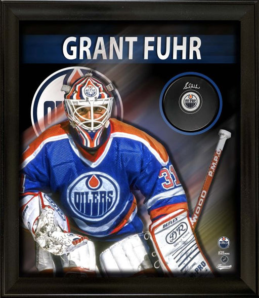 Grant Fuhr Signed Framed PhotoGlass Edmonton Oilers Autograph Series Puck - Frameworth Sports Canada 