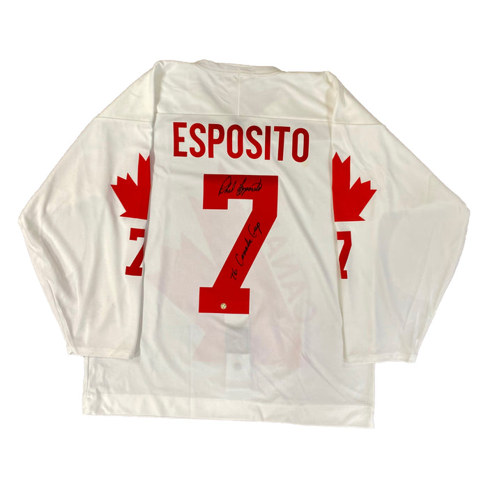 Phil Esposito Signed 1976 Team Canada White Jersey with "76 Canada Cup" Inscribed - Frameworth Sports Canada 