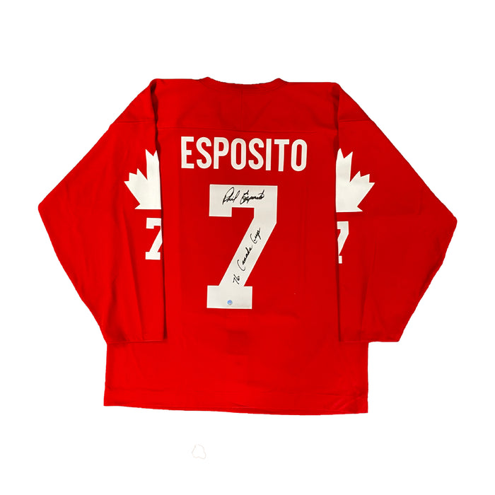 Phil Esposito Signed 1976 Team Canada Red Jersey with "76 Canada Cup" Inscribed