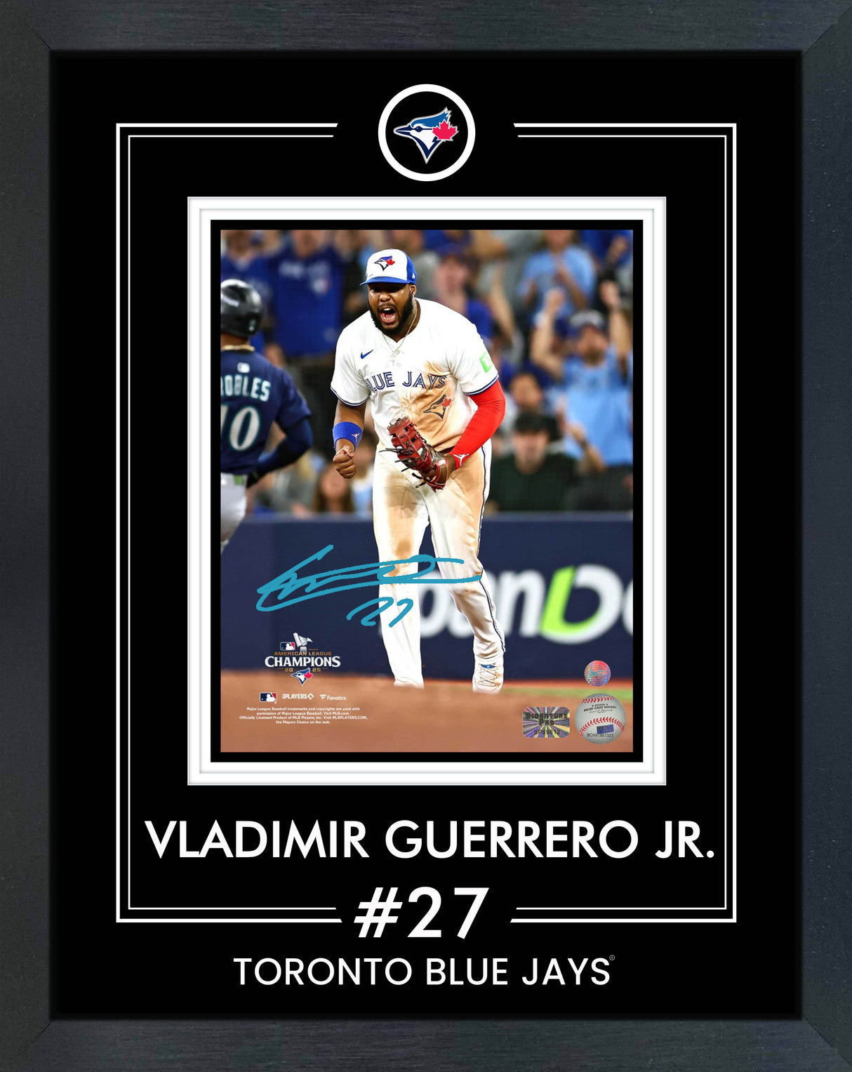 Vladimir Guerrero Jr. Signed Framed 8x10 Photo in PhotoGlass Toronto Blue Jays 2025 American League Champions Game 7 Celebration - AUCTION