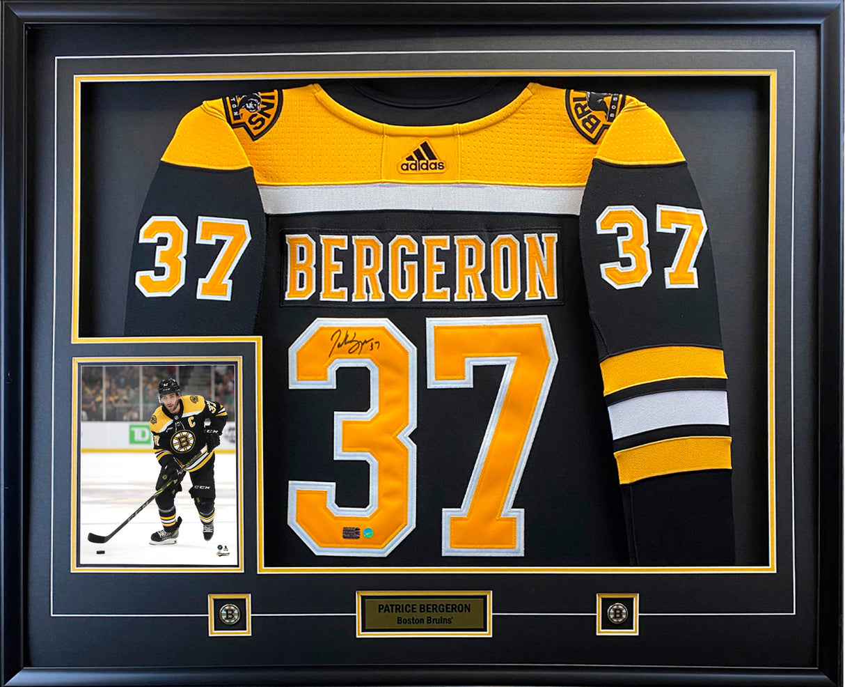 Patrice Bergeron Signed Framed Boston Bruins Black Adidas Authentic Jersey