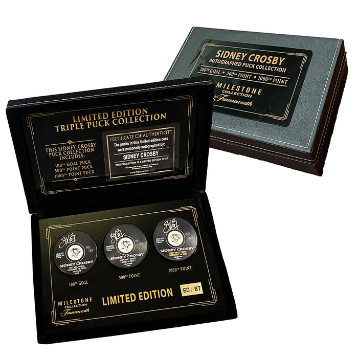 Sidney Crosby Signed Pittsburgh Penguins 100th Goal, 500th Pt and 1000th Pt Pucks in Deluxe Case (Limited Edition of 87)