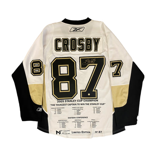 Sidney Crosby Signed Pittsburgh Penguins White Reebok 2009 Stanley Cup Milestone Jersey (Limited Edition of 87) - Frameworth Sports Canada 