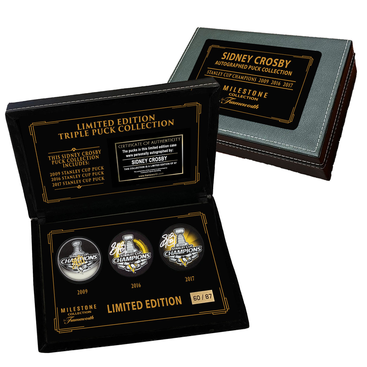 Sidney Crosby Signed 3x Stanley Cup Champions Point Pucks in Deluxe Case (Limited Edition of 87)