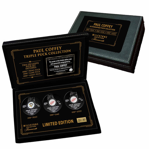 Paul Coffey Signed 1000 Points, Goals and Assists Pucks in Deluxe Case (Limited Edition of 77) - Frameworth Sports Canada 