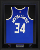 Giannis Antetokounmpo Signed Jersey Framed 34x42 Milwaukee Bucks Nike 2024-24 Blue City Edition Swingman - AUCTION