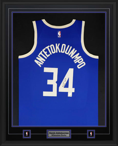 Giannis Antetokounmpo Signed Jersey Framed 34x42 Milwaukee Bucks Nike 2024-24 Blue City Edition Swingman - AUCTION